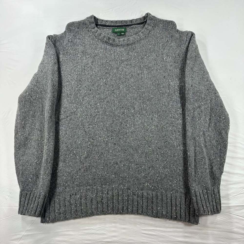 Orvis Lambswool Sweater Mens Size L Grey Speckled Donegal Chunky Knit